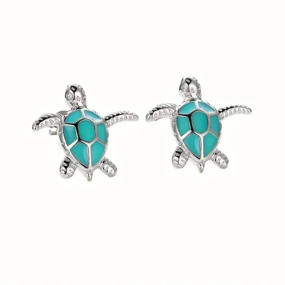 Silver Turtle Stud Earrings with Turquoise Inlay - Picture 5 of 5